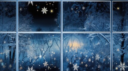  a set of four pictures of snowflakes and trees in a snowy forest with a full moon in the sky.  generative ai