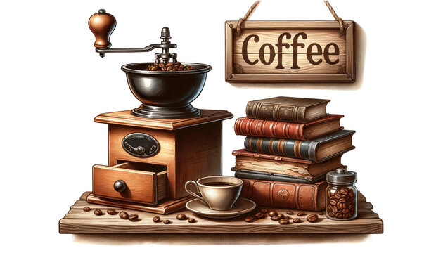 Vintage Coffee Grinder Beside Books with Cursive 'COFFEE' Sign on Wooden Shelf