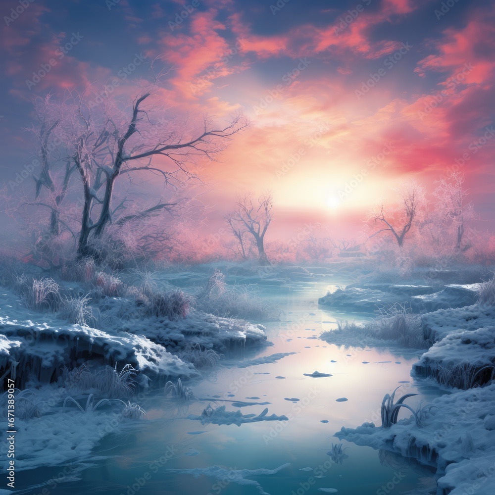 Poster a painting of a river running through a snow covered landscape with trees in the foreground and a su