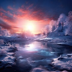  a painting of the sun setting over a frozen river with snow on the ground and trees in the foreground.  generative ai