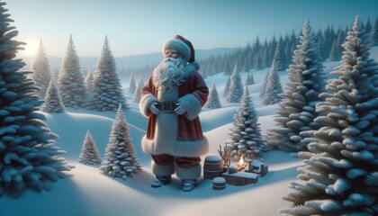 Model-like Santa Claus Embracing Winter's Peace, Christmas Background - obrazy, fototapety, plakaty