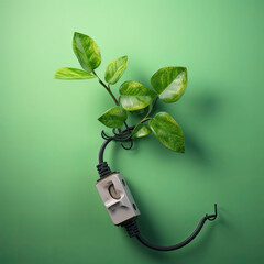 A power outlet with a plant in the background