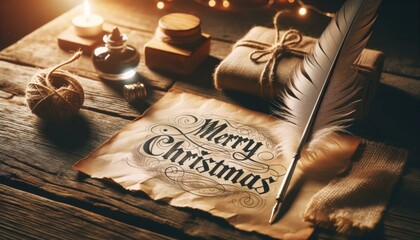 Cozy "Merry Christmas" Handwritten on Vintage Paper with Rustic Wooden Table Setting