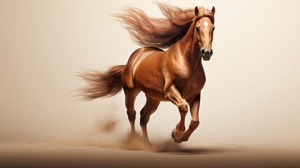  a brown horse is galloping through a dusty area with it's tail in the air and it's tail blowing in the wind.  generative ai