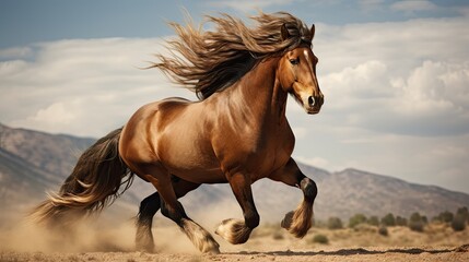  a brown horse is galloping through the desert with its hair blowing in the wind and mountains in the background.  generative ai