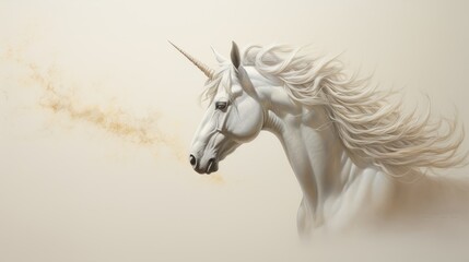 Obraz na płótnie Canvas a painting of a white unicorn's head with long hair blowing in the wind in front of a white background. generative ai