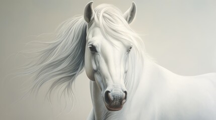 Obraz na płótnie Canvas a painting of a white horse with long manes and a brown spot on the face of the horse's head. generative ai