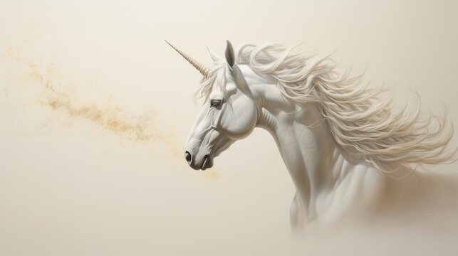  a painting of a white unicorn's head with long hair blowing in the wind in front of a white background.  generative ai
