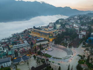 View of Sa Pa city center and mountains in Lao Cai, Vietnam
