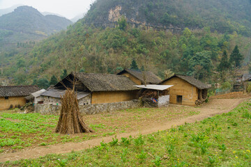 Fototapeta na wymiar Mountain landscape at Ha Giang province with houses in village. Ha Giang is a northernmost province in Vietnam