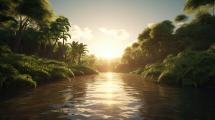 fantasy Tropical forest and river at sunset