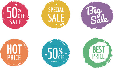 筆で描いたセールのラベルイラスト、丸、手描き、値下げラベルイラスト