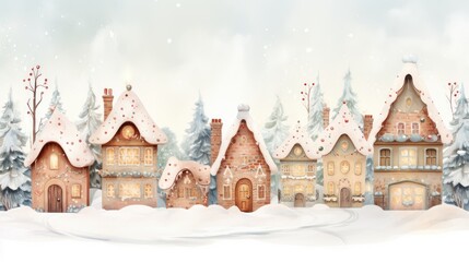  a winter scene with a lot of houses in the middle of a snow covered field and trees in the background.  generative ai