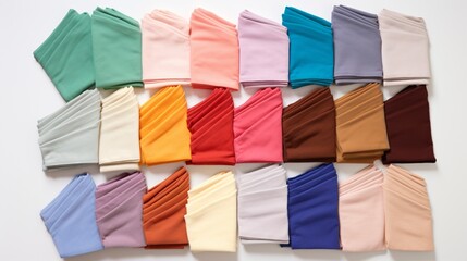 A set of color-coded cleaning cloths, neatly folded, illustrating a range of tasks, arranged on a clear white backdrop.