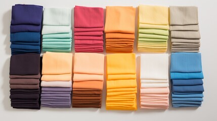 A set of color-coded cleaning cloths, neatly folded, illustrating a range of tasks, arranged on a clear white backdrop.