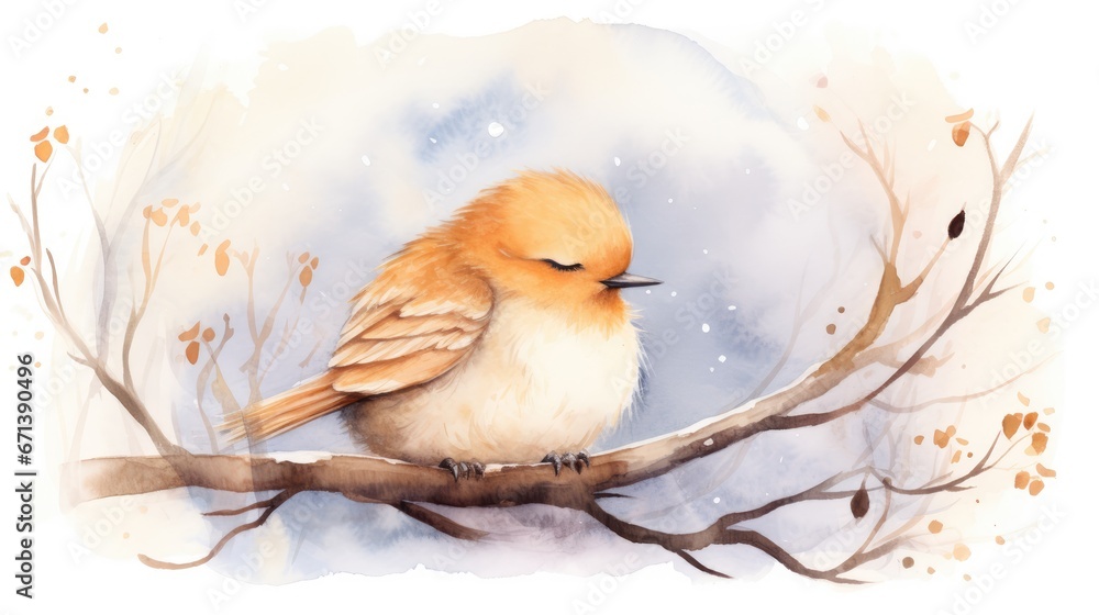 Poster a watercolor painting of a bird sitting on a tree branch with snow falling down on the ground behind