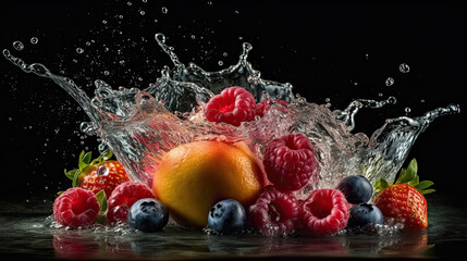A glass of fruit is filled with water and the fruit is being splashed.