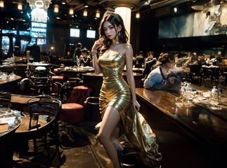 Beautiful sexy lady in elegant dress posing in luxury casino. Fashion shot.