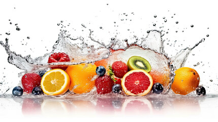 A splash of fruit is being poured into a water splash.