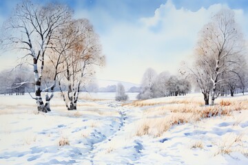 Obraz na płótnie Canvas Winter landscape with snowy trees and meadow in painting style background