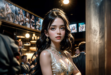 Beautiful sexy lady in elegant dress posing in luxury casino. Fashion shot.
