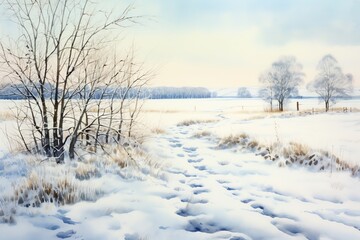 Winter landscape with snowy trees and meadow in painting style background