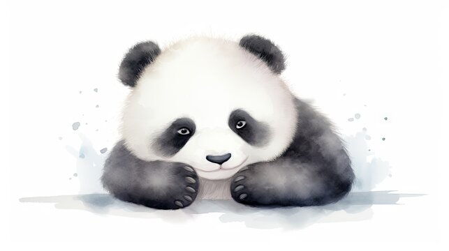  a black and white panda bear sitting on top of a pile of dirt next to a watercolor painting of it's face.  generative ai