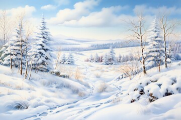 Winter landscape with snowy trees and meadow in painting style background