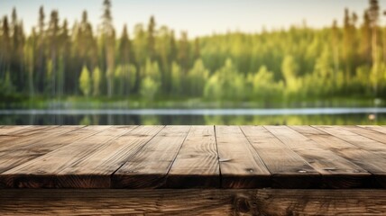 The empty wooden brown table top with blur background of Finland nature. Exuberant image. generative AI
