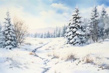 Fototapeta na wymiar Winter landscape with snowy trees and meadow in painting style background