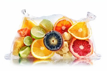 Frozen fruit in a plastic bag isolated on a white background