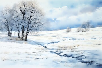 Obraz na płótnie Canvas Winter landscape with snowy trees and meadow in painting style background