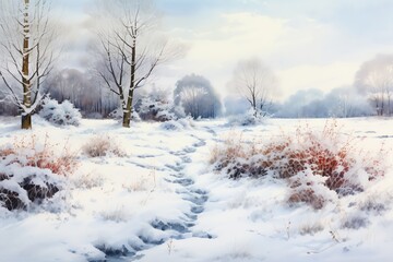 Winter landscape with snowy trees and meadow in painting style background