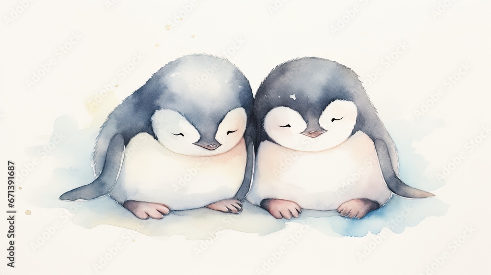 Poster two penguins sitting next to each other on top of a white surface with watercolor stains on the bott