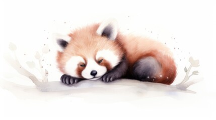  a painting of a red panda sleeping on top of a tree branch with its head resting on the branch of a tree.  generative ai