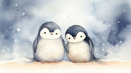  a couple of penguins sitting next to each other on top of a snow covered ground in front of a blue sky.  generative ai