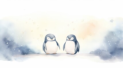 a couple of penguins standing next to each other on a snow covered ground in front of a sky with stars.  generative ai