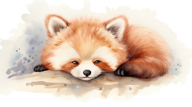  a watercolor painting of a red panda laying on the ground with its head on the ground and eyes closed.  generative ai