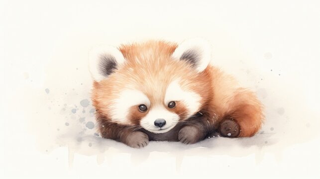  a painting of a red panda cub laying on the ground with its paws on the ground and looking at the camera.  generative ai