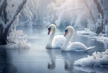 Majestic Swans Gracefully Glide in Frozen Winter Wonderland