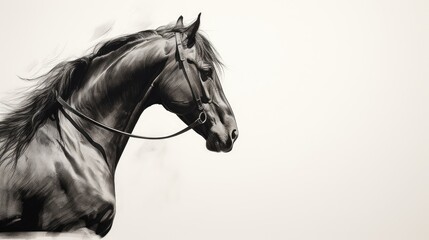  a black and white photo of a horse with a bridle on it's head and a white background.  generative ai