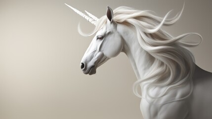  a close up of a white horse with a very long mane and a very large horn on it's head.  generative ai