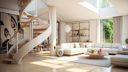 modern living room with wooden staircases in modern house