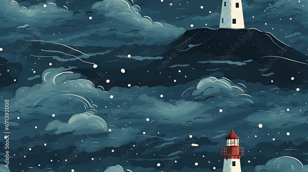 Poster a painting of a lighthouse in the middle of a night sky with clouds and snow falling on top of it. g