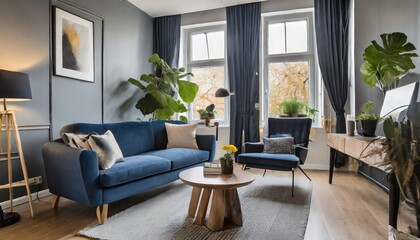 Wallpaper modern interior layout incorporating a dark blue sofa and recliner chair within a Scandinavian apartment.