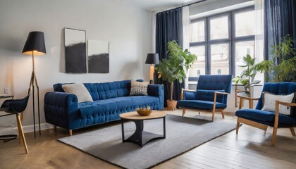 the allure of simplicity and comfort with a dark blue sofa and recliner chair in a Scandinavian apartment