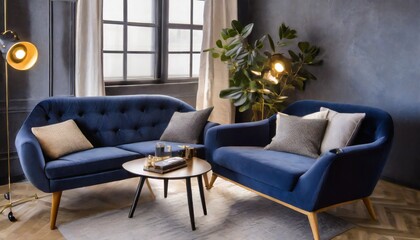 Wallpaper 3D rendering of a dark blue sofa and recliner chair placed elegantly in a Scandinavian apartment.
