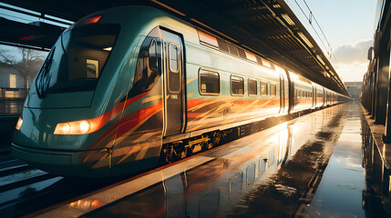 Obraz premium High speed train in motion on the railway station. Fast moving modern passenger train on railway platform. Railroad with motion blur effect.