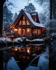 Fototapeta premium a cabin on a small lake in snowy winter at christmas evening 