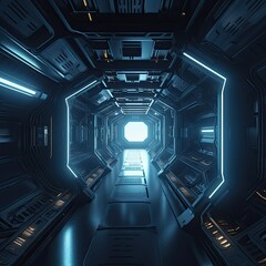 Futuristic dark blue spaceship interior with glowing lights